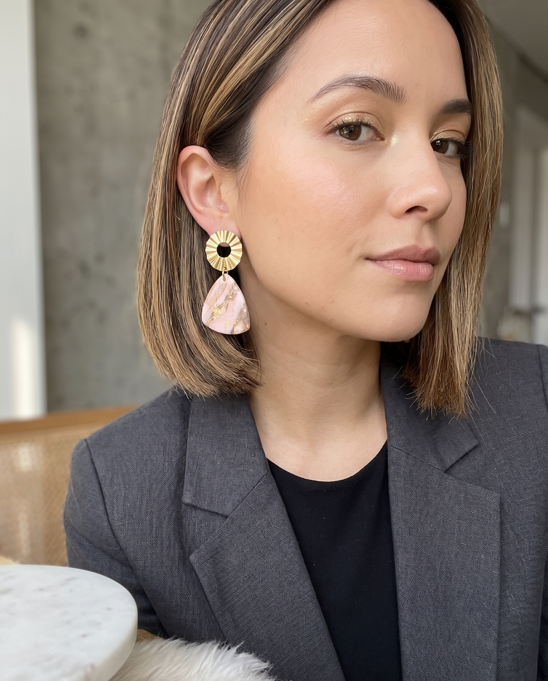 Pink marble donut earrings with gold initial charms