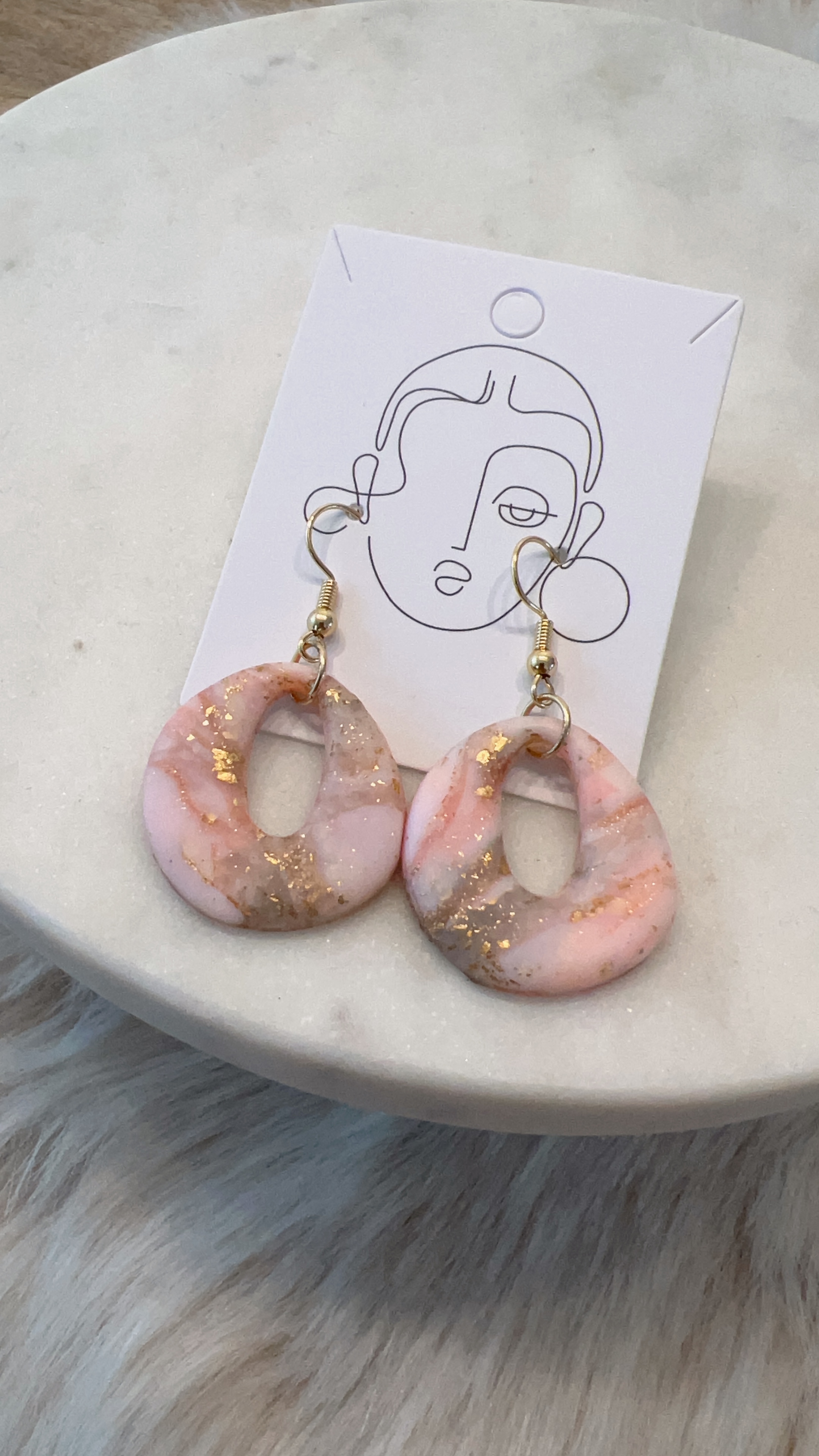 Gold sunburst and pink marble drop earrings