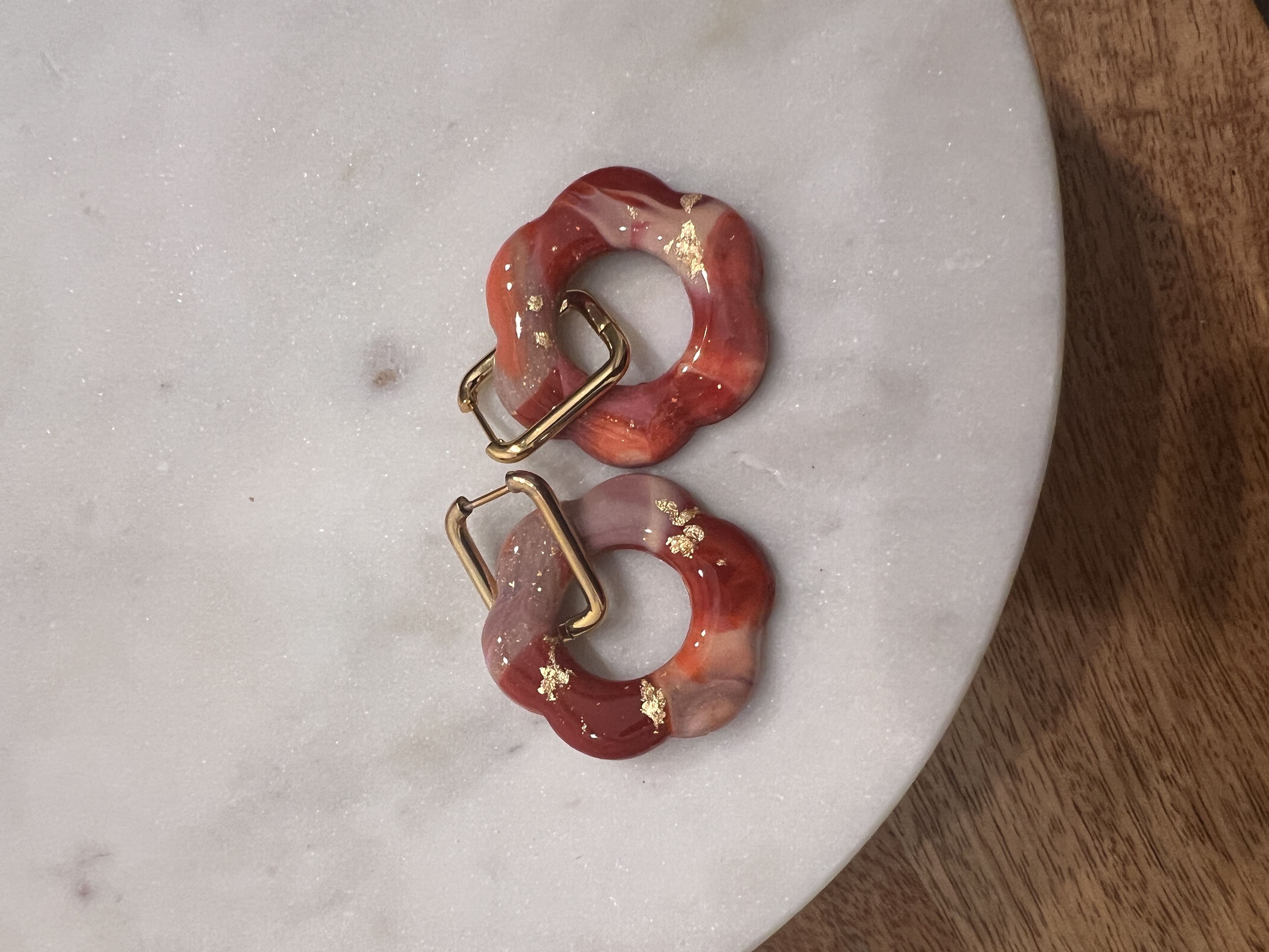 Pink marble flower charm and donut earrings