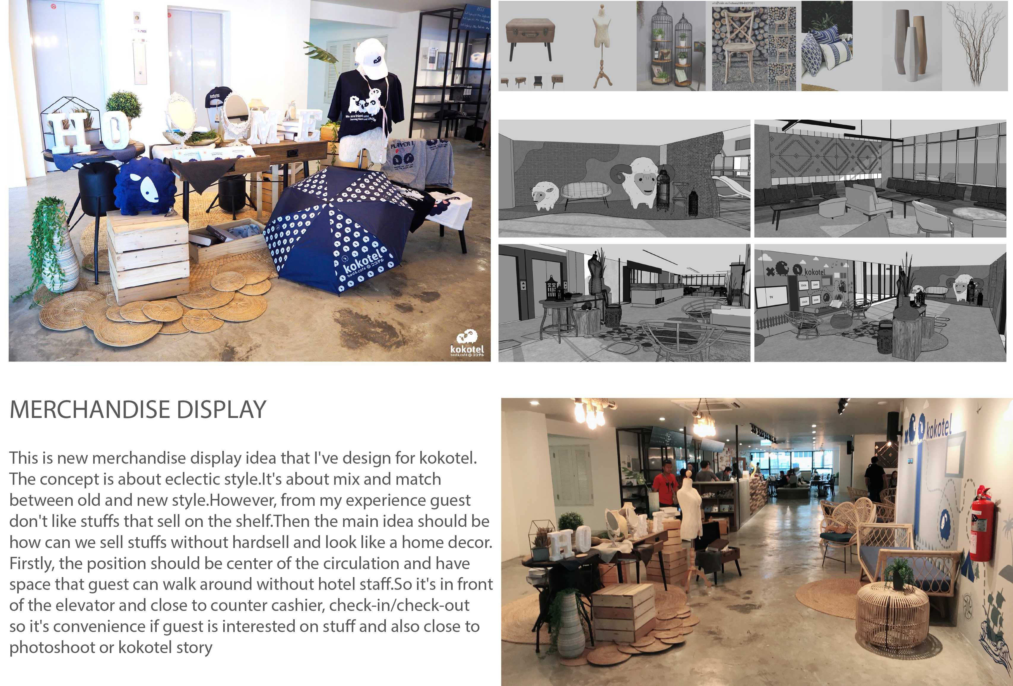 Hotel story concept board with sketches and mural render