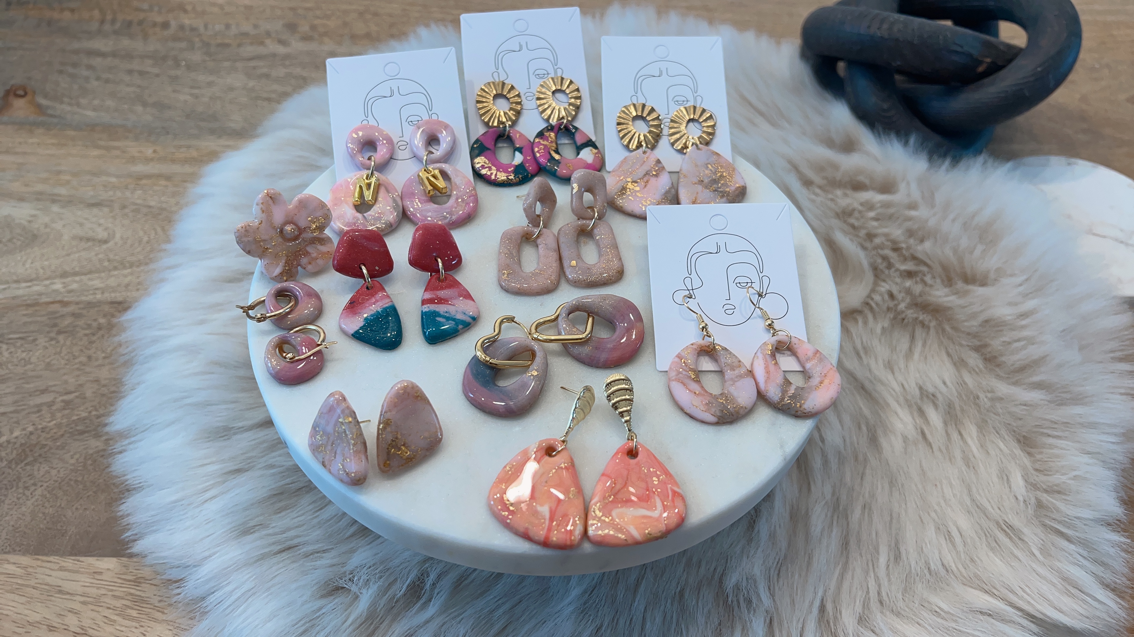 Coral marble teardrop earrings with gold caps